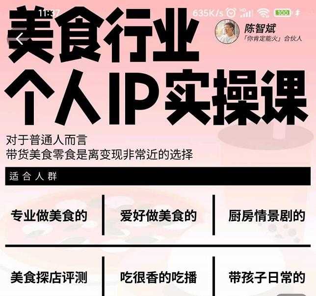 美食行业个人IP实操课，对于普通人而言，带货美食零食是离变现非常近的选择-创业网 - 最新网络创业项目与实战营销教程平台 | cye.cc