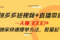 拼多多短视频+直播带货，一天赚3000+独家快速爆单方法，批量起号-创业网 - 最新网络创业项目与实战营销教程平台 | cye.cc
