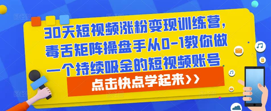 30天短视频涨粉变现训练营，毒舌矩阵操盘手从0-1教你做一个持续吸金的短视频账号-创业网 - 最新网络创业项目与实战营销教程平台 | cye.cc