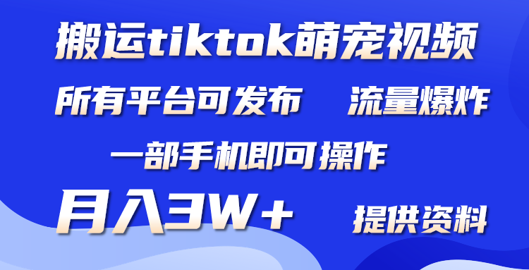 搬运Tiktok萌宠类视频，一部手机即可。所有短视频平台均可操作，月入3W+-创业网 - 最新网络创业项目与实战营销教程平台 | cye.cc