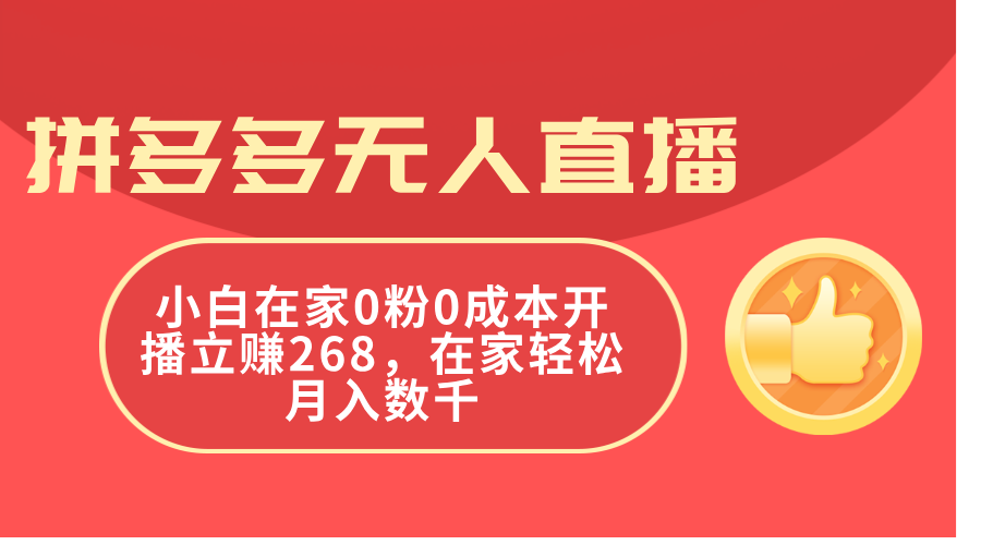 拼多多无人直播，小白在家0粉0成本开播立赚268，在家轻松月入数千-创业网 - 最新网络创业项目与实战营销教程平台 | cye.cc