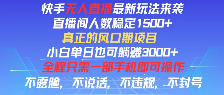 快手无人直播全新玩法，直播间人数稳定1500+，小白单日也可躺赚3000+，…-创业网 - 最新网络创业项目与实战营销教程平台 | cye.cc