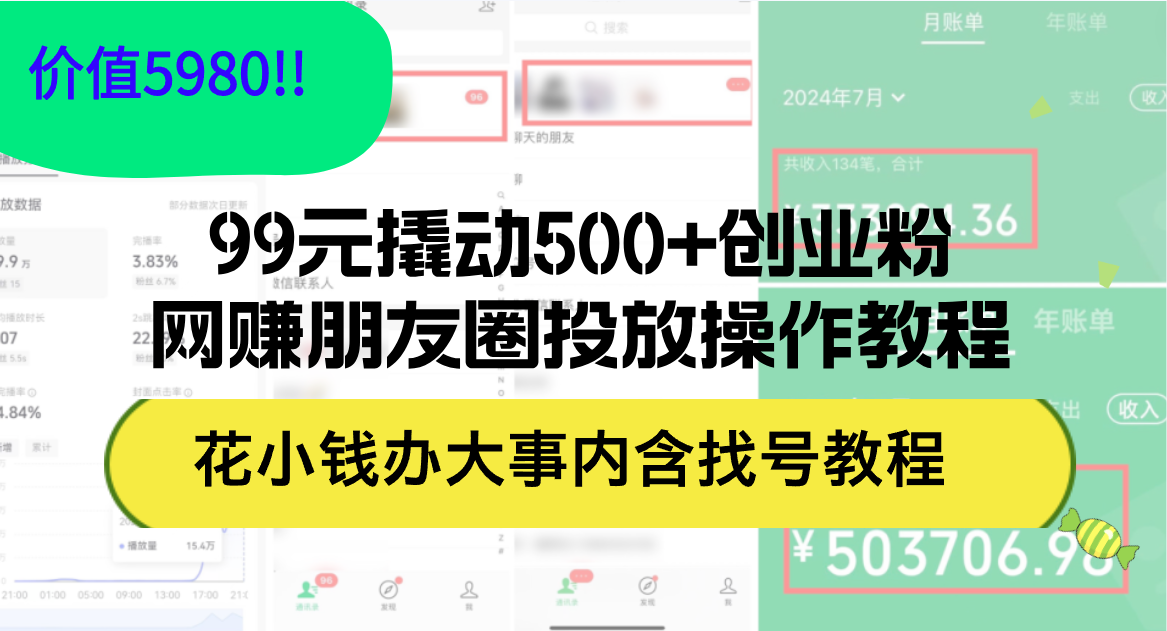 图片[1]-99元撬动500+创业粉，网赚朋友圈投放操作教程价值5980！花小钱办大事内…-创业网 - 最新网络创业项目与实战营销教程平台 | cye.cc