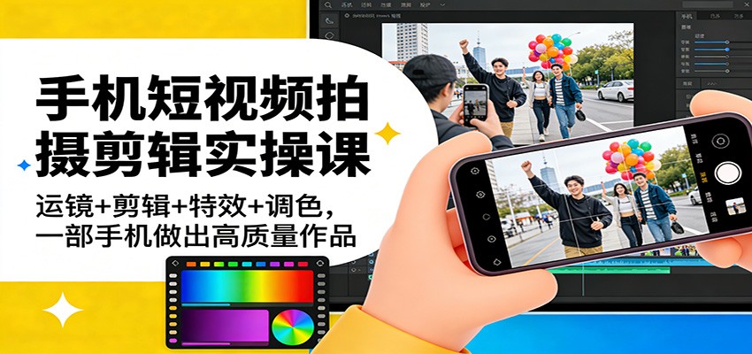 手机短视频拍摄剪辑实操课：运镜+剪辑+特效+调色，一部手机做出高质量作品-创业网 - 最新网络创业项目与实战营销教程平台 | cye.cc