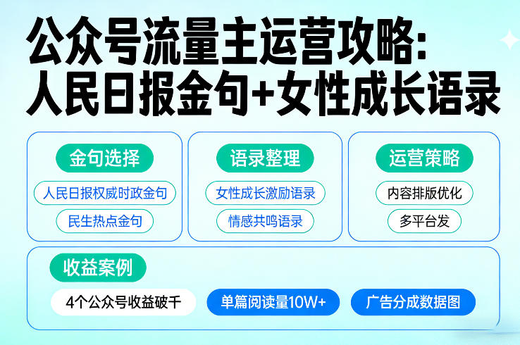 利用人民日报金句+女性成长语录做公众号流量主，4个公众号收益破千-创业网 - 最新网络创业项目与实战营销教程平台 | cye.cc