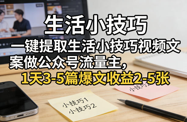 一键提取生活小技巧视频文案做公众号流量主，1天3-5篇爆文收益2-5张-创业网 - 最新网络创业项目与实战营销教程平台 | cye.cc