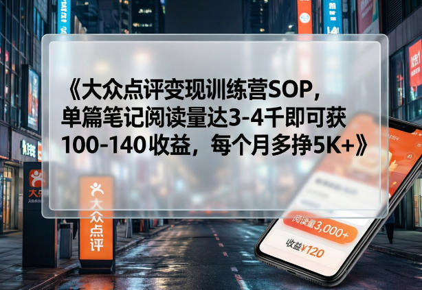 大众点评变现训练营SOP，单篇笔记阅读量达3-4千即可获100-140收益，每个月多挣5K+-创业网 - 最新网络创业项目与实战营销教程平台 | cye.cc