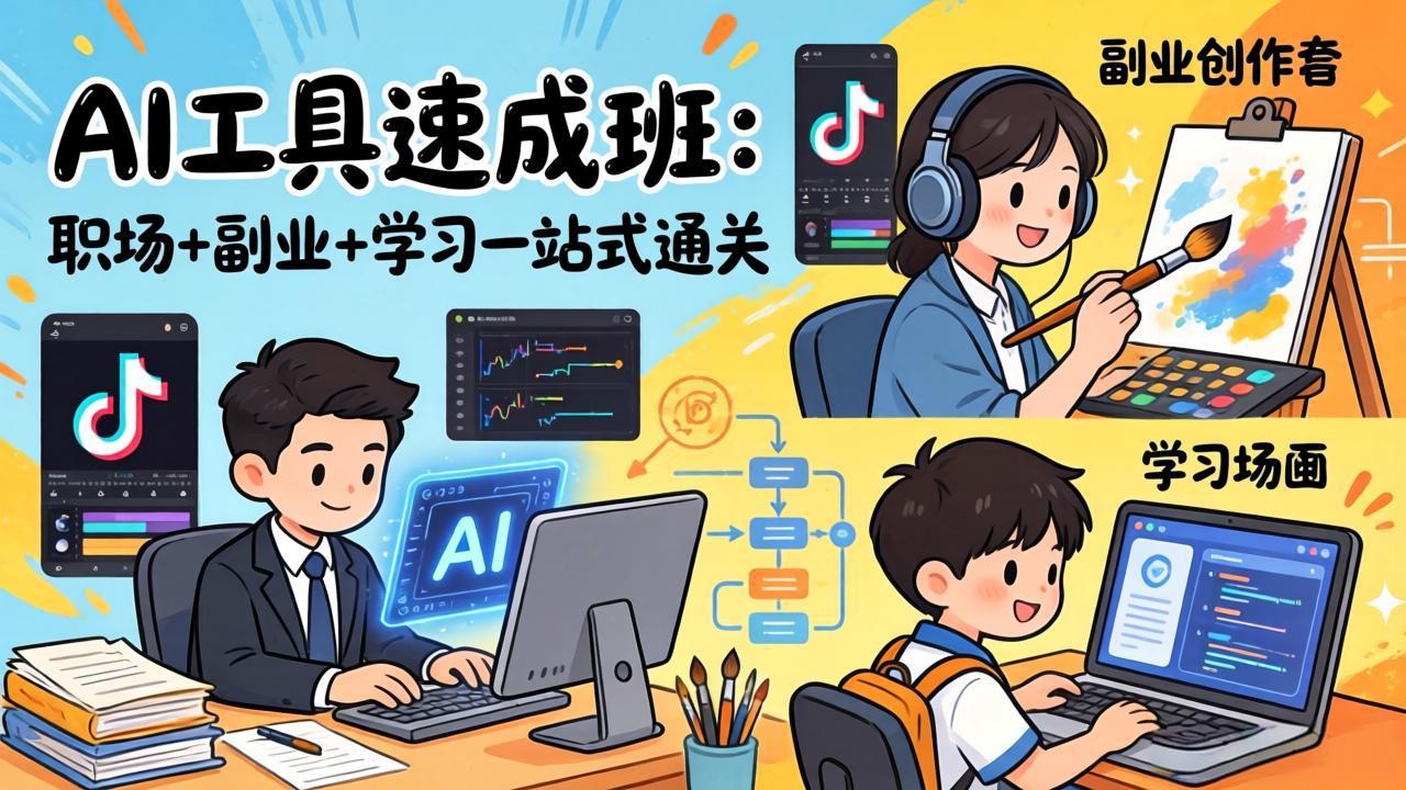 AI工具速成班：职场+副业+学习一站式通关，20+爆款类型+剪映技巧+抖音算法，0基础快速上手-创业网 - 最新网络创业项目与实战营销教程平台 | cye.cc