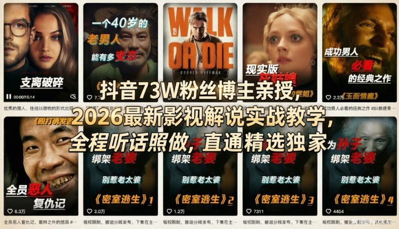 抖音73W粉丝博主亲授，2026最新影视解说实战教学，全程听话照做，直通精选独家-创业网 - 最新网络创业项目与实战营销教程平台 | cye.cc