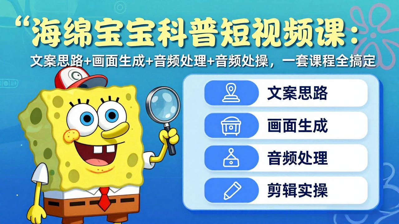 海绵宝宝科普短视频课：文案思路+画面生成+音频处理+剪辑实操，一套课程全搞定-创业网 - 最新网络创业项目与实战营销教程平台 | cye.cc