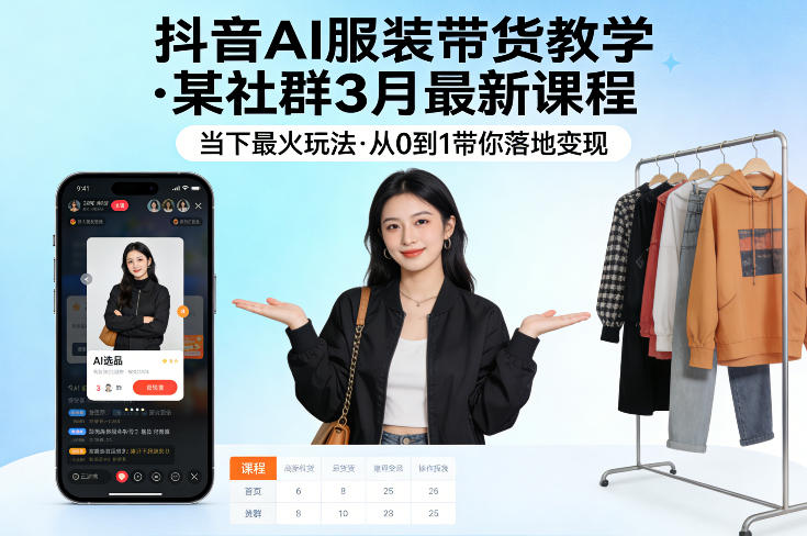 抖音AI服装带货教学，某社群3月最新课程，当下最火玩法，从0到1带你落地变现-创业网 - 最新网络创业项目与实战营销教程平台 | cye.cc
