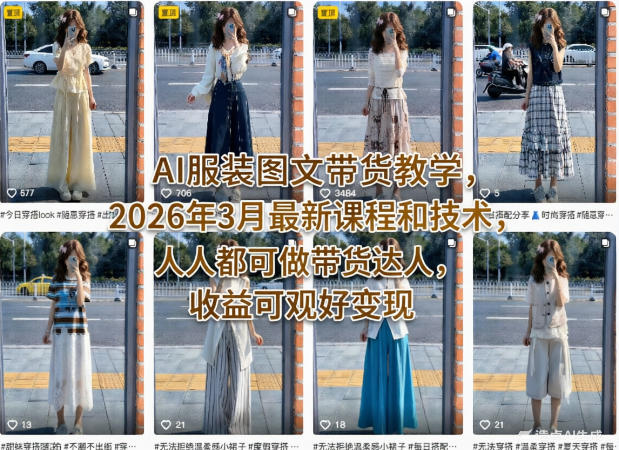 AI服装图文带货教学，2026年3月最新课程和技术，人人都可做带货达人，收益可观好变现-创业网 - 最新网络创业项目与实战营销教程平台 | cye.cc