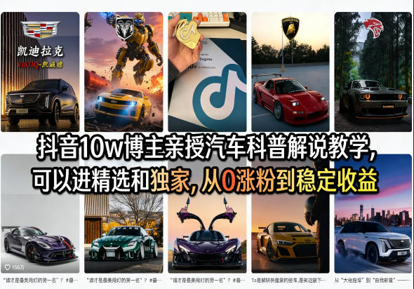 抖音10w博主亲授汽车科普解说教学，可以进精选和独家，从0涨粉到稳定收益(详细视频课程+1T素材)-创业网 - 最新网络创业项目与实战营销教程平台 | cye.cc