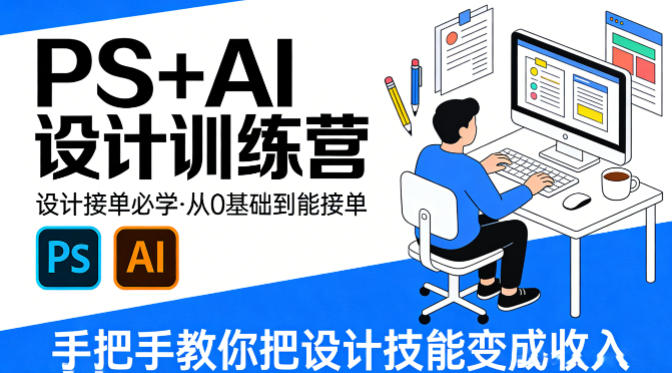 设计接单必学，PS+AI设计训练营，从0基础到能接单，手把手教你把设计技能变成收入-创业网 - 最新网络创业项目与实战营销教程平台 | cye.cc