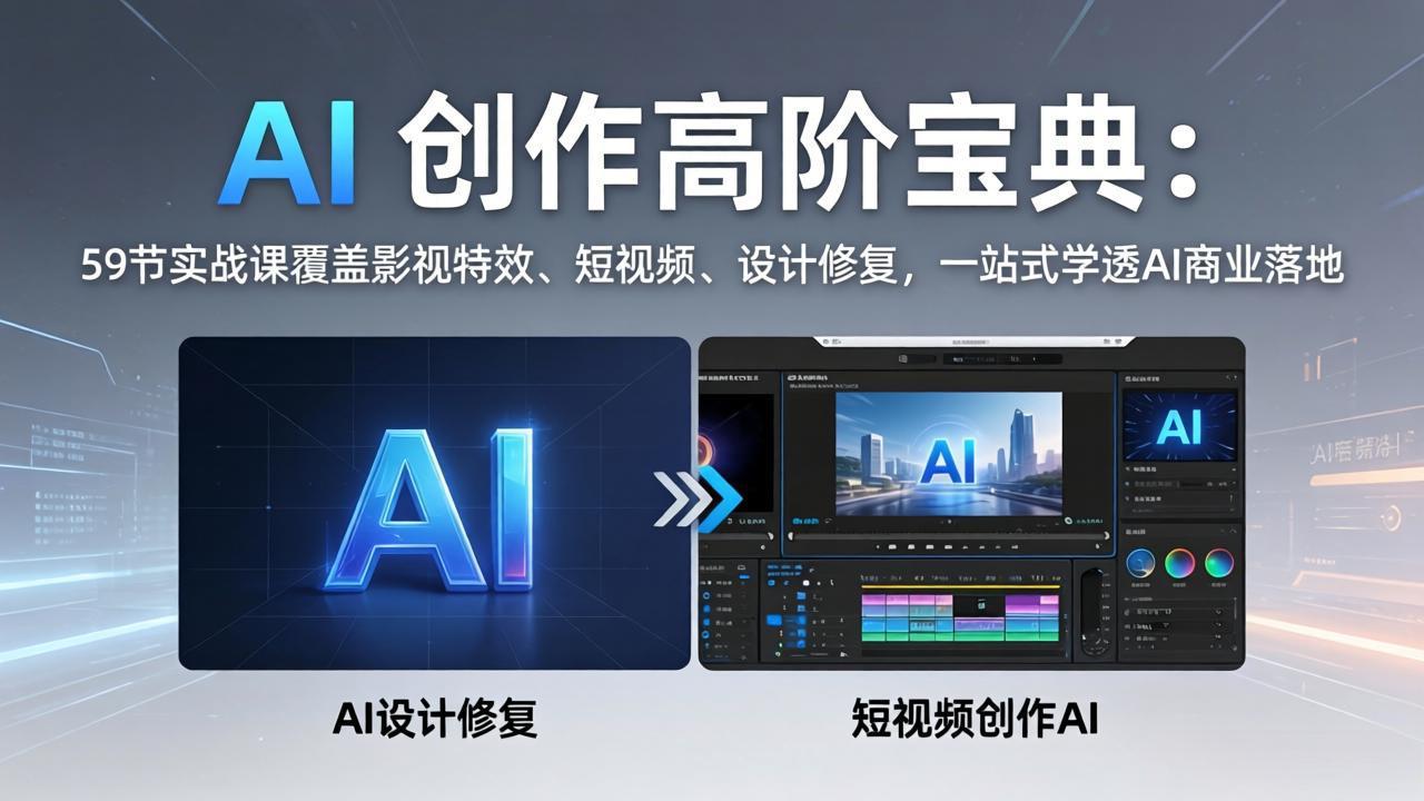 AI 创作高阶宝典：59节实战课覆盖影视特效、短视频、设计修复，一站式学透AI商业落地-创业网 - 最新网络创业项目与实战营销教程平台 | cye.cc