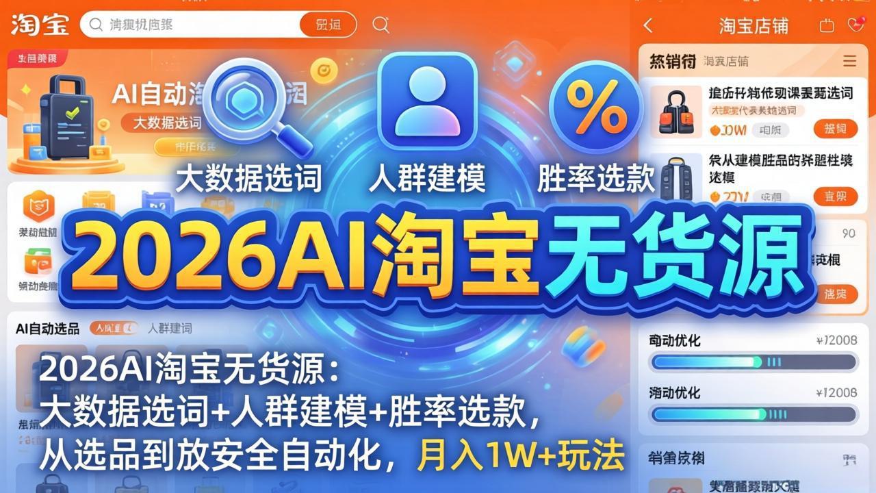 2026AI淘宝无货源-4月更新：大数据选词+人群建模+胜率选款，从选品到放大全自动化，月入1W+玩法-创业网 - 最新网络创业项目与实战营销教程平台 | cye.cc