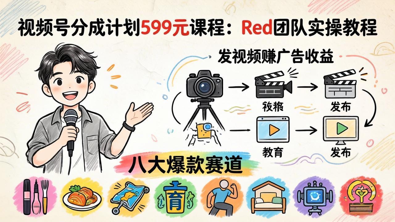 视频号分成计划599元课程：Red团队实操教程，发视频赚广告收益，八大爆款赛道全掌握-创业网 - 最新网络创业项目与实战营销教程平台 | cye.cc