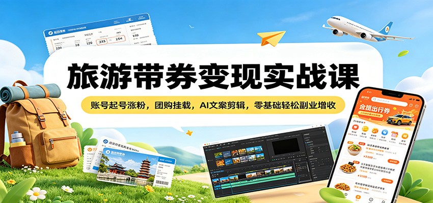旅游带券变现实战课：账号起号涨粉，团购挂载，AI文案剪辑，零基础轻松副业增收-创业网 - 最新网络创业项目与实战营销教程平台 | cye.cc