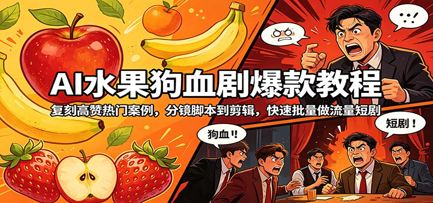 AI水果狗血剧爆款教程：复刻高赞热门案例，分镜脚本到剪辑，快速批量做流量短剧-创业网 - 最新网络创业项目与实战营销教程平台 | cye.cc