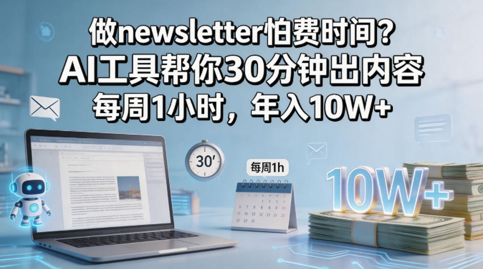 做newsletter怕费时间？AI工具帮你30分钟出内容，每周1小时，年入10W+！【原创双语字幕】-创业网 - 最新网络创业项目与实战营销教程平台 | cye.cc