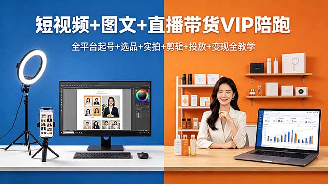 短视频+图文+直播带货VIP陪跑，全平台起号+选品+实拍+剪辑+投放+变现全教学-创业网 - 最新网络创业项目与实战营销教程平台 | cye.cc