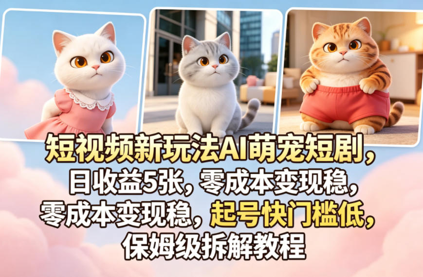 短视频新玩法AI萌宠短剧，日收益5张，零成本变现稳，起号快门槛低，保姆级拆解教程-创业网 - 最新网络创业项目与实战营销教程平台 | cye.cc