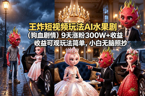 王炸短视频玩法AI水果剧(狗血剧情)9天涨粉300W+收益可观玩法简单，小白无脑照抄，详细拆解玩法-创业网 - 最新网络创业项目与实战营销教程平台 | cye.cc