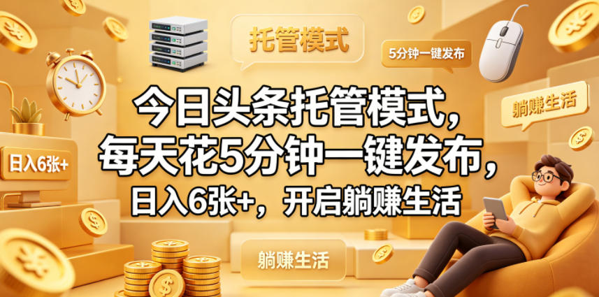 今日头条托管模式，每天花5分钟一键发布，日入6张+，开启躺賺生活【揭秘】-创业网 - 最新网络创业项目与实战营销教程平台 | cye.cc