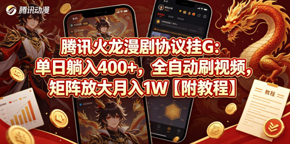 腾讯火龙漫剧协议挂G：单日躺入400+，全自动刷视频，矩阵放大月入1W【附教程】【揭秘】-创业网 - 最新网络创业项目与实战营销教程平台 | cye.cc