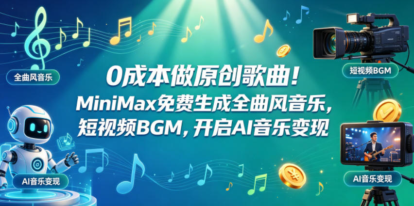0成本做原创歌曲！MiniMax免费生成全曲风音乐，短视频BGM，开启AI音乐变现-创业网 - 最新网络创业项目与实战营销教程平台 | cye.cc