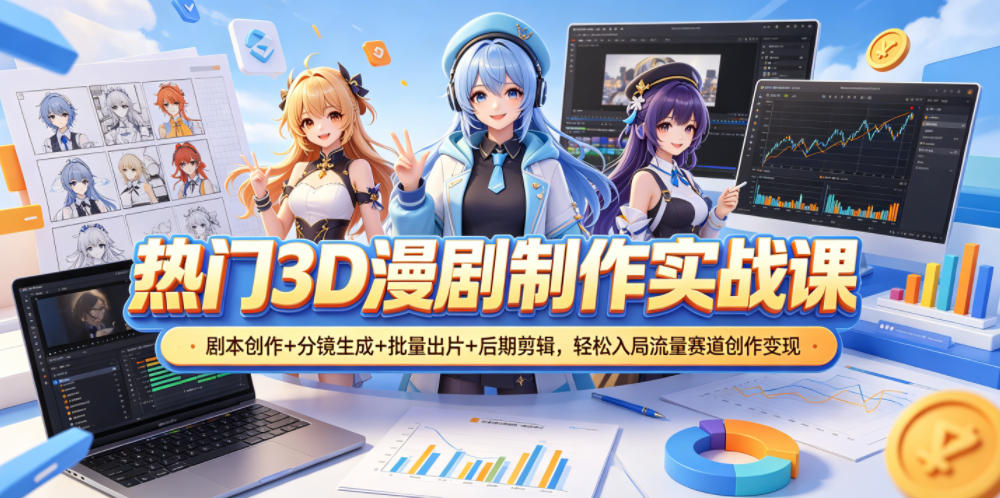 热门3D漫剧制作实战课，剧本创作+分镜生成+批量出片+后期剪辑，轻松入局流量赛道创作变现-创业网 - 最新网络创业项目与实战营销教程平台 | cye.cc
