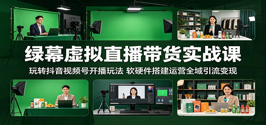 绿幕虚拟直播带货实战课：玩转抖音视频号开播玩法，软硬件搭建运营全域引流变现-创业网 - 最新网络创业项目与实战营销教程平台 | cye.cc