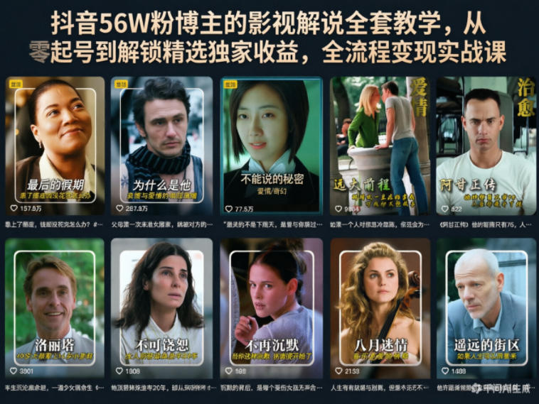 抖音56W粉博主的影视解说全套教学，从零起号到解锁精选独家收益，全流程变现实战课-创业网 - 最新网络创业项目与实战营销教程平台 | cye.cc