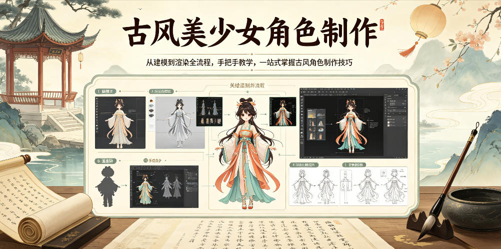 古风美少女角色制作，从建模到渲染全流程，手把手教学，一站式掌握古风角色制作技巧-创业网 - 最新网络创业项目与实战营销教程平台 | cye.cc