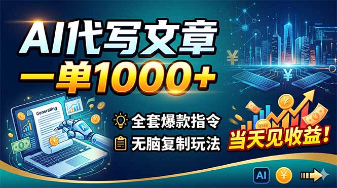 AI代写文章，一单1000+，全套爆款指令+无脑复制玩法，当天见收益！-创业网 - 最新网络创业项目与实战营销教程平台 | cye.cc