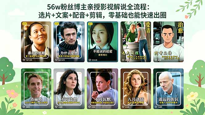 56万粉丝博主亲授影视解说全流程：选片+文案+配音+剪辑，零基础也能快速出圈-创业网 - 最新网络创业项目与实战营销教程平台 | cye.cc
