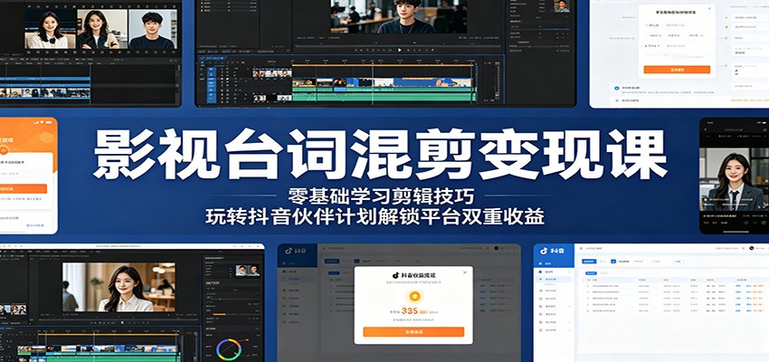影视台词混剪变现课：零基础学习剪辑技巧，玩转抖音伙伴计划解锁平台双重收益-创业网 - 最新网络创业项目与实战营销教程平台 | cye.cc