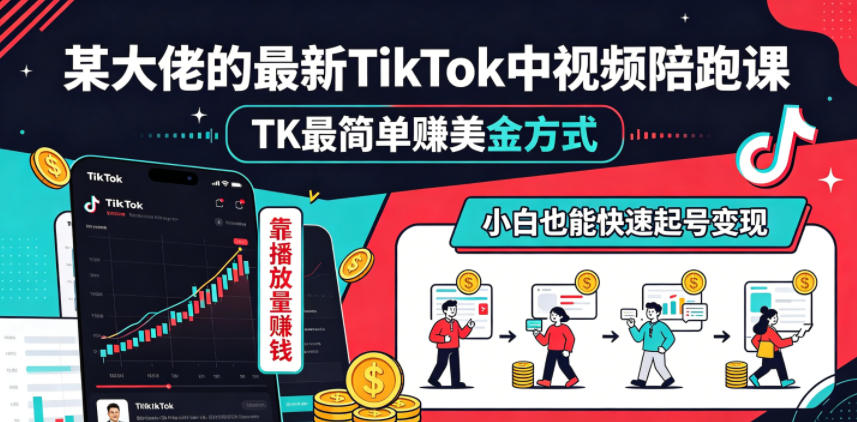 某大佬的最新TikTok中视频陪跑课，TK最简单賺美金方式，靠播放量賺钱，小白也能快速起号变现-创业网 - 最新网络创业项目与实战营销教程平台 | cye.cc