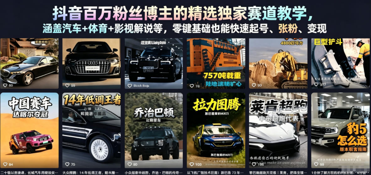 抖音百万粉丝博主的精选独家赛道教学，涵盖汽车+体育+影视解说等，零基础也能快速起号、涨粉、变现-创业网 - 最新网络创业项目与实战营销教程平台 | cye.cc