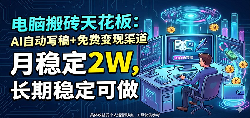 电脑搬砖天花板：AI自动写稿+免费变现渠道，月稳定2W，长期稳定可做-创业网 - 最新网络创业项目与实战营销教程平台 | cye.cc