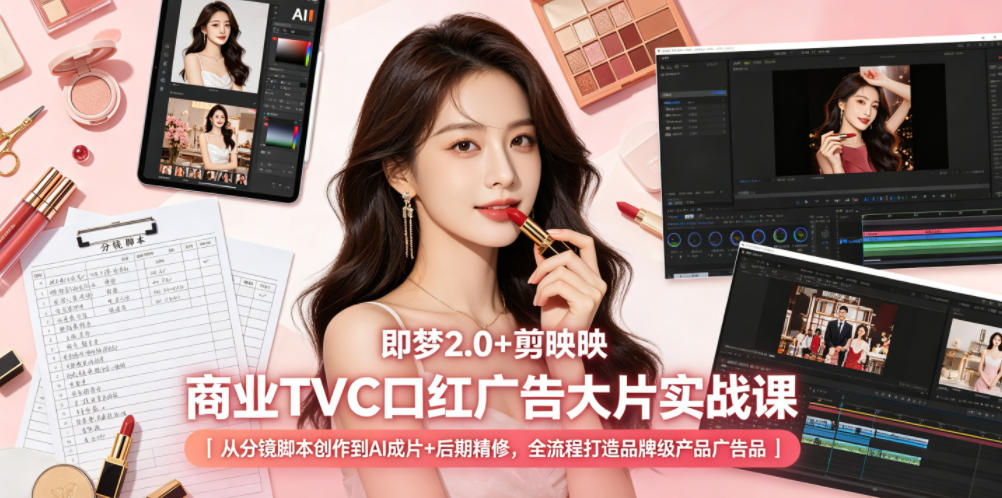 即梦2.0+剪映商业TVC口红广告大片实战课｜从分镜脚本创作到AI成片+后期精修，全流程打造品牌级产品广告-创业网 - 最新网络创业项目与实战营销教程平台 | cye.cc