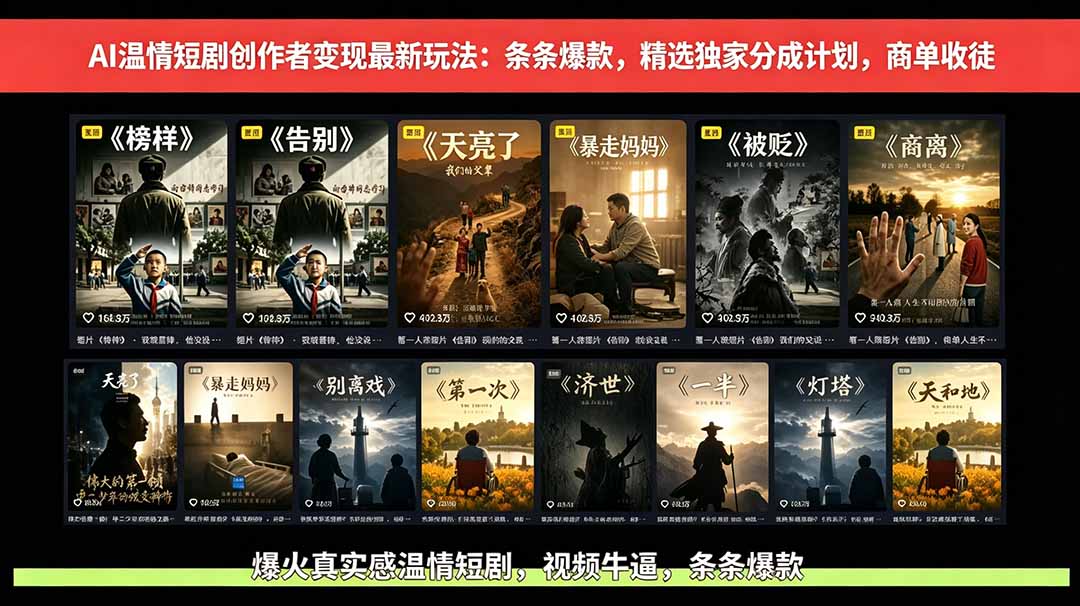 AI温情短剧创作者变现最新玩法：视频牛逼，条条爆款，精选独家分成计划，商单收徒-创业网 - 最新网络创业项目与实战营销教程平台 | cye.cc