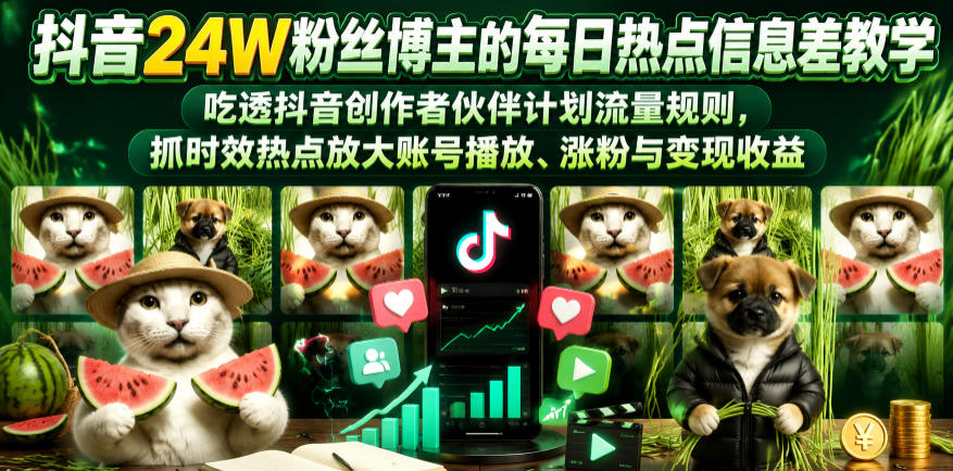 抖音24W粉丝博主的每日热点信息差教学，吃透创作者伙伴计划流量规则，抓时效热点放大账号播放、涨粉与变现收益-创业网 - 最新网络创业项目与实战营销教程平台 | cye.cc