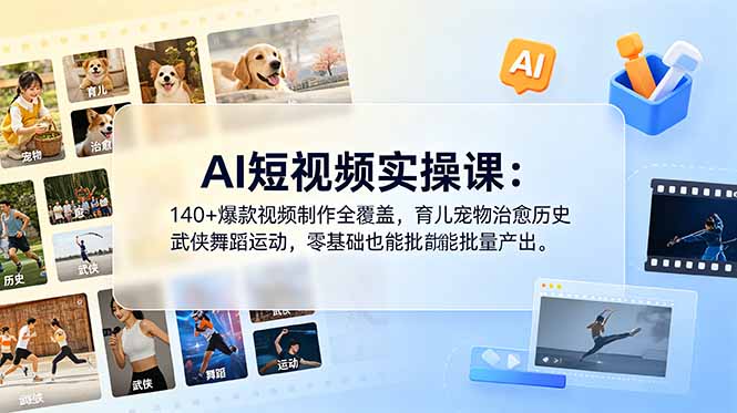 AI短视频实操课：140+爆款视频制作全覆盖，育儿宠物治愈历史武侠舞蹈运动，零基础也能批量产出-创业网 - 最新网络创业项目与实战营销教程平台 | cye.cc