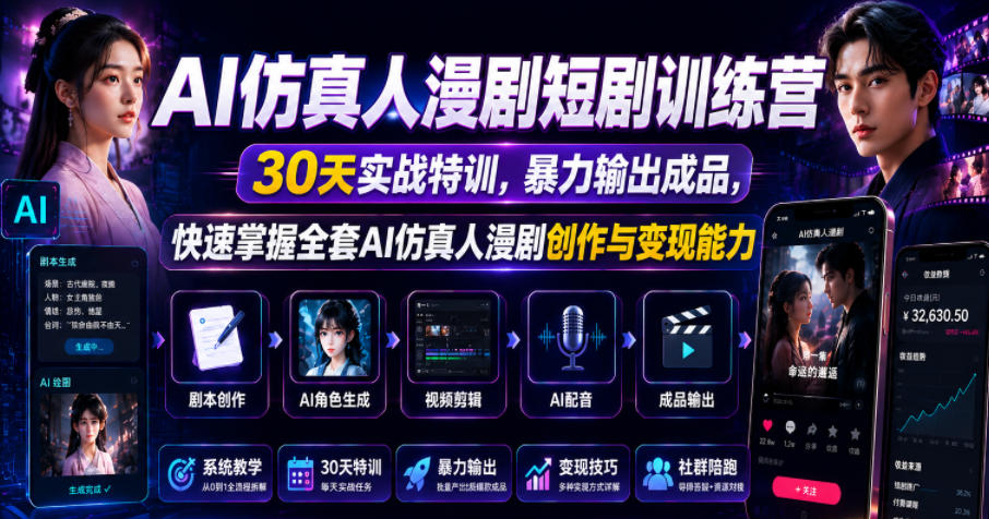 AI仿真人漫剧短剧训练营，30天实战特训，暴力输出成品，快速掌握全套AI仿真人漫剧创作与变现能力-创业网 - 最新网络创业项目与实战营销教程平台 | cye.cc
