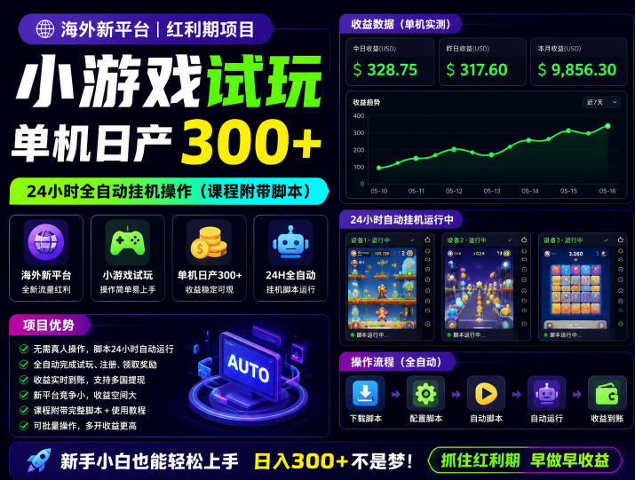 海外新平台，小游戏试玩，单机日产300+，24小时全自动挂G操作(课程附带脚本)【揭秘】-创业网 - 最新网络创业项目与实战营销教程平台 | cye.cc