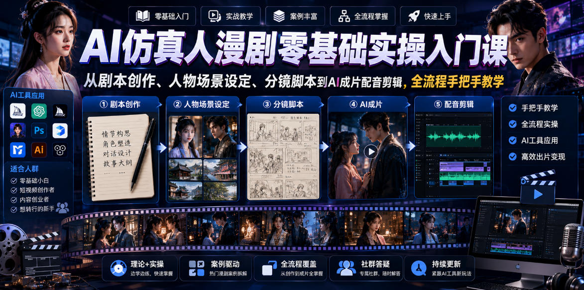 AI仿真人漫剧零基础实操入门课，从剧本创作、人物场景设定、分镜脚本到AI成片配音剪辑，全流程手把手教学-创业网 - 最新网络创业项目与实战营销教程平台 | cye.cc