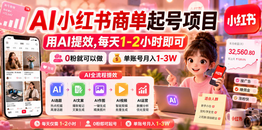 AI小红书商单起号项目，用AI提效,每天1-2小时即可，0粉就可以做，单账号月入1-3W-创业网 - 最新网络创业项目与实战营销教程平台 | cye.cc