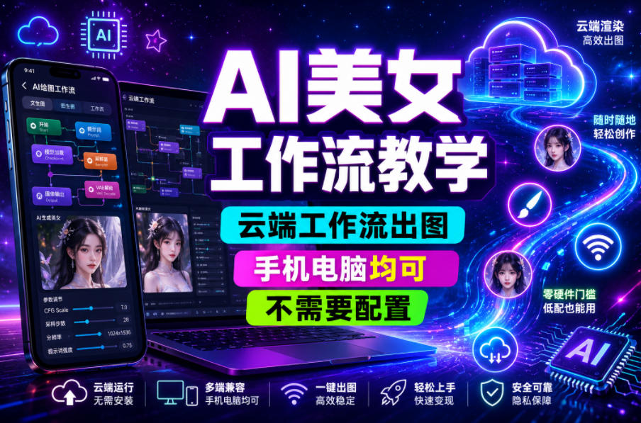 AI美女工作流教学，云端工作流出图，手机电脑均可，不需要配置，快速起号涨粉-创业网 - 最新网络创业项目与实战营销教程平台 | cye.cc