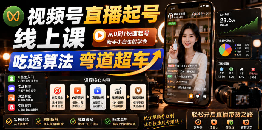 视频号直播起号线上课，吃透算法弯道超车(2026年6月)-创业网 - 最新网络创业项目与实战营销教程平台 | cye.cc